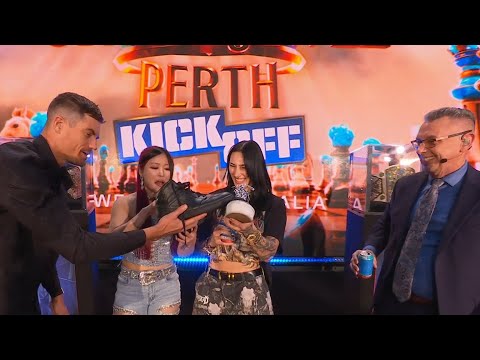 Rhea Ripley, IYO SKY, and Grayson Waller toast with a shoey: Crown Jewel 2025 Kickoff, Oct. 10, 2025